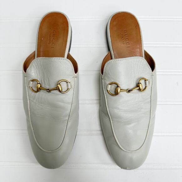 Gucci Princetown Loafer Mules Gray Bone Leather Flats Gold Horsebit Buckle 37.5 - Picture 1 of 8